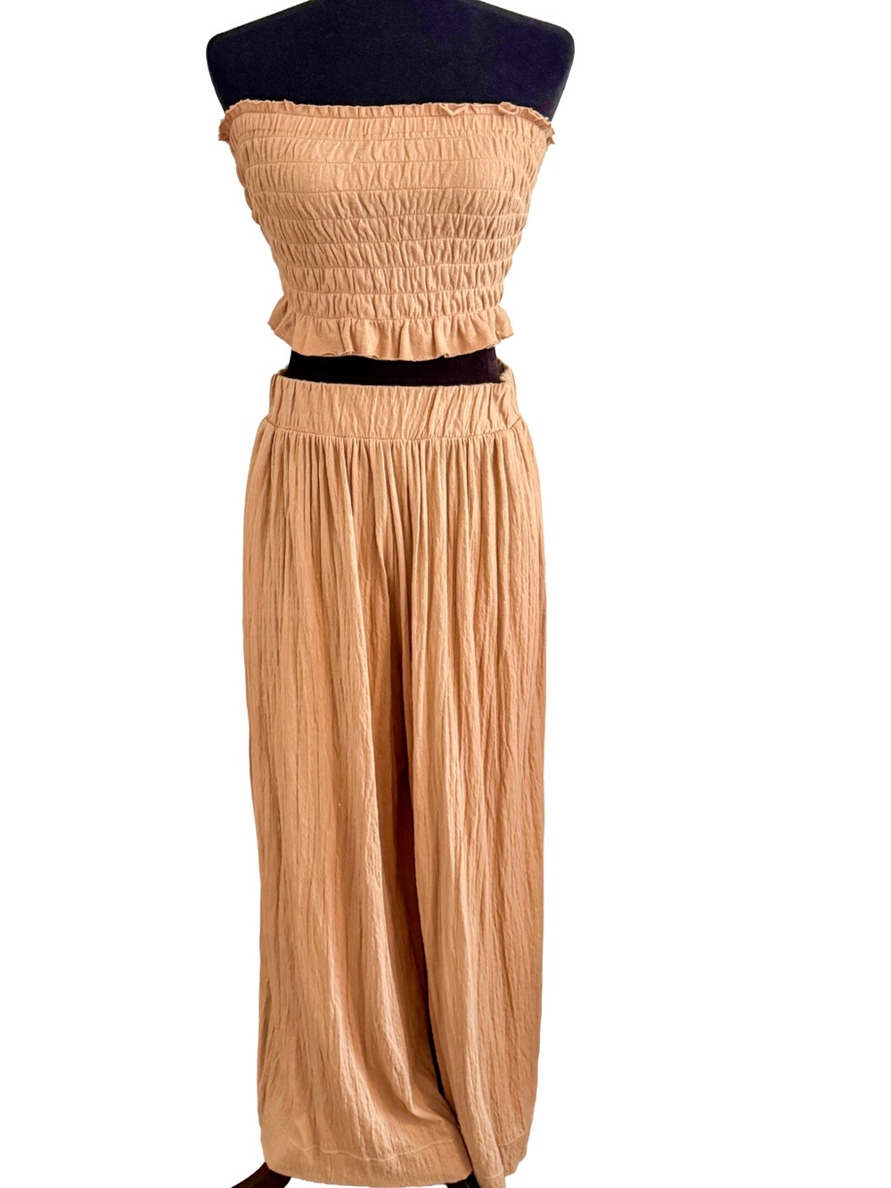 Free People “Solange” iced coffee Smocked Tube Top with Wide-Leg Pants Set